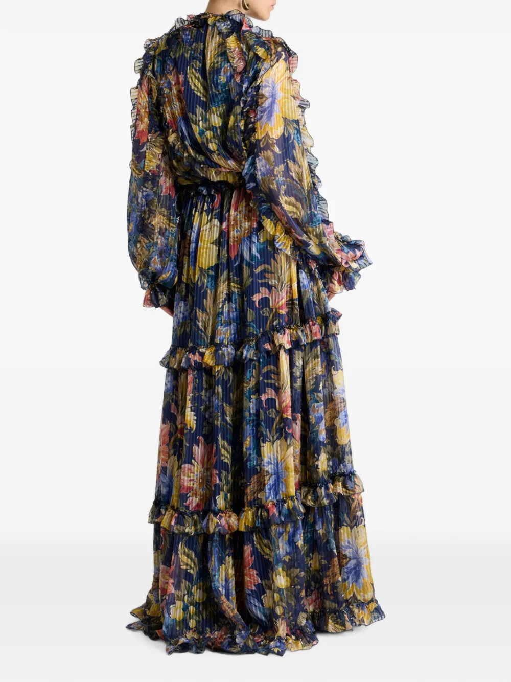 ETRO Zijden maxi-jurk met ruches en bloemenmotief Blauw