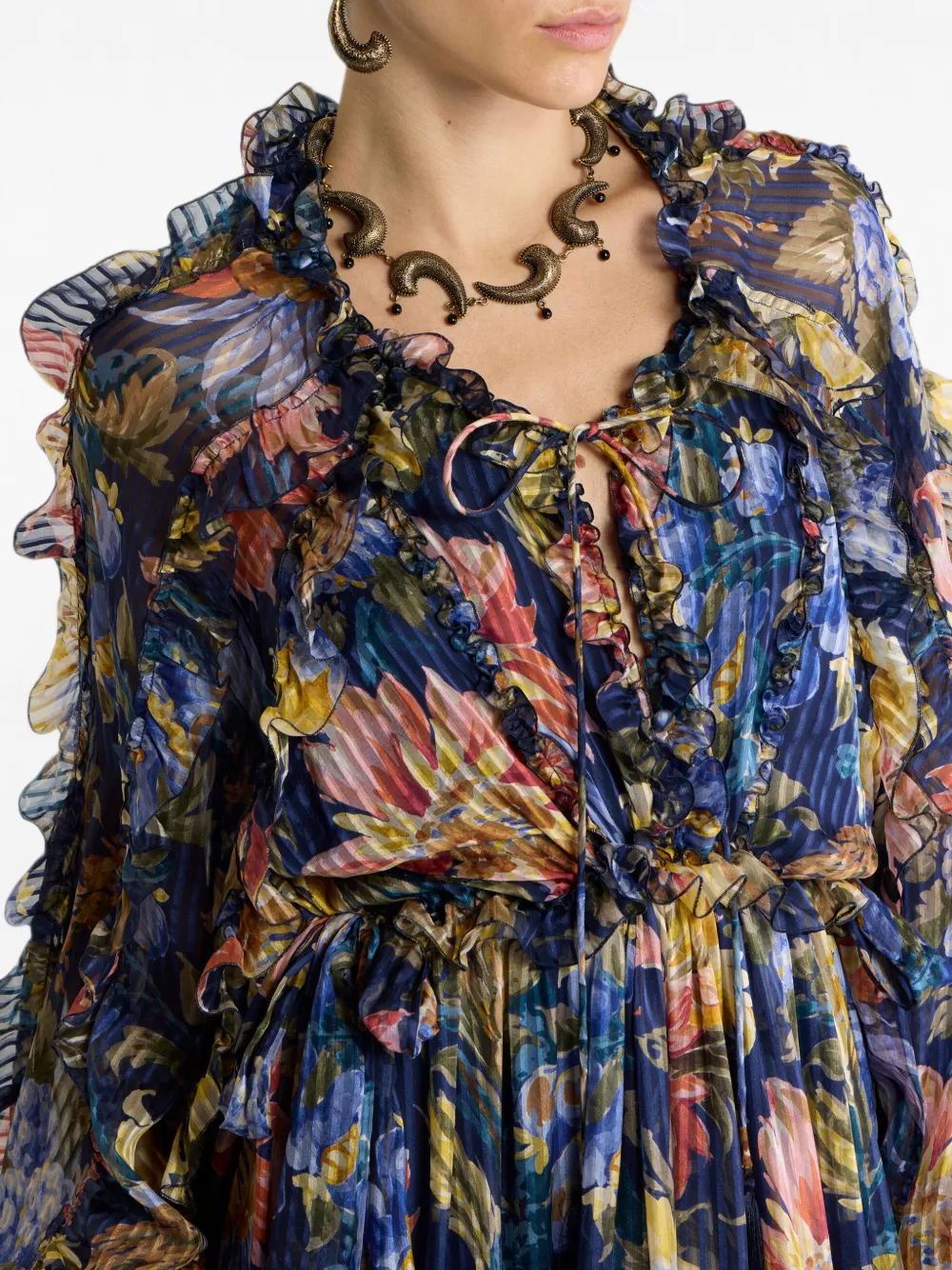 ETRO Zijden maxi-jurk met ruches en bloemenmotief Blauw