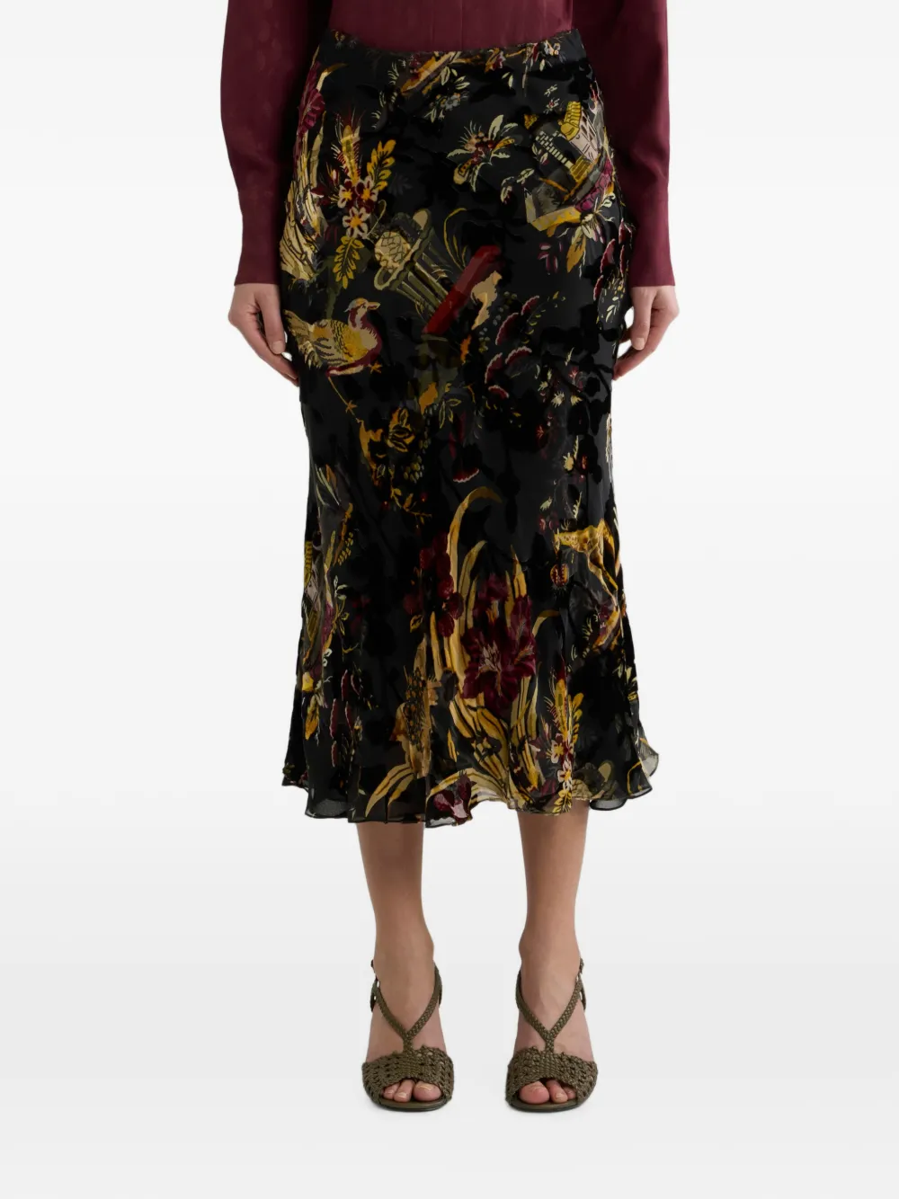 ETRO Burnout fluwelen en zijdeblend midi-rok met bloemen- en dierenmotief Zwart