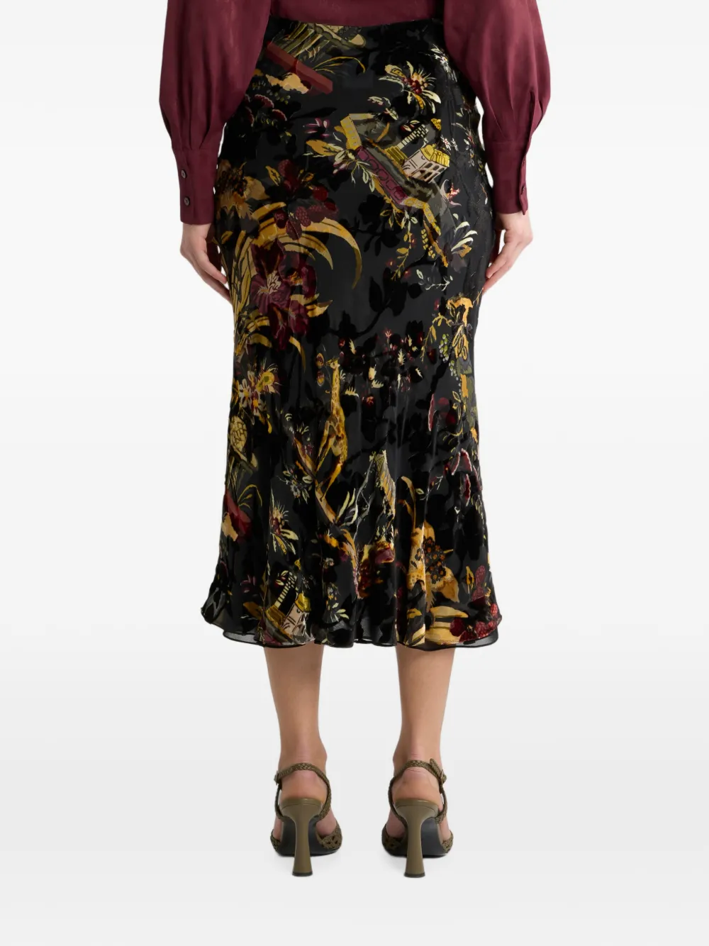 ETRO Burnout fluwelen en zijdeblend midi-rok met bloemen- en dierenmotief Zwart