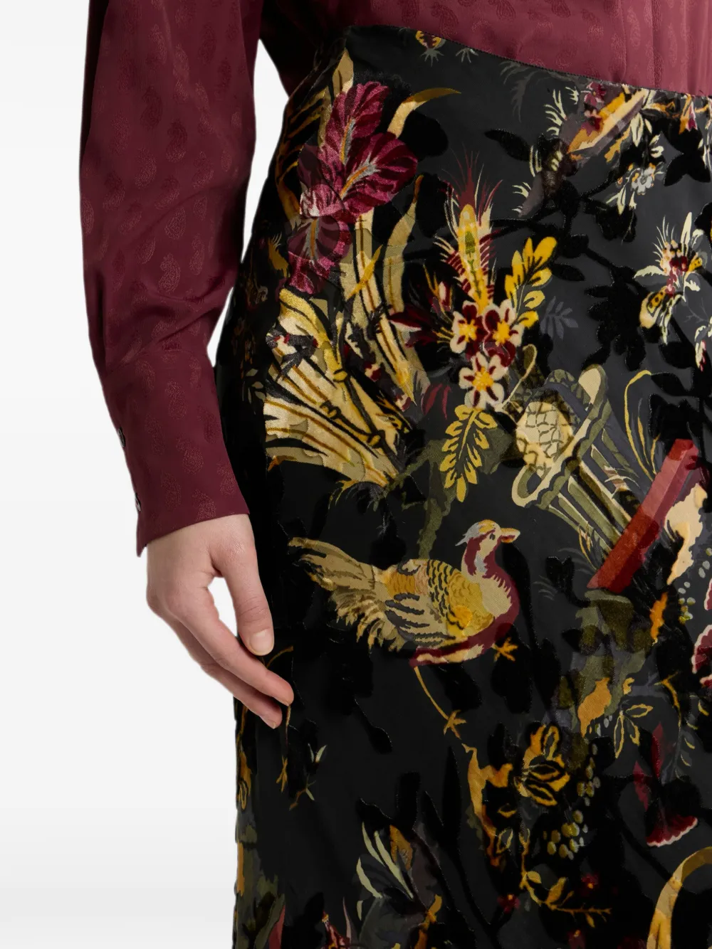ETRO Burnout fluwelen en zijdeblend midi-rok met bloemen- en dierenmotief Zwart