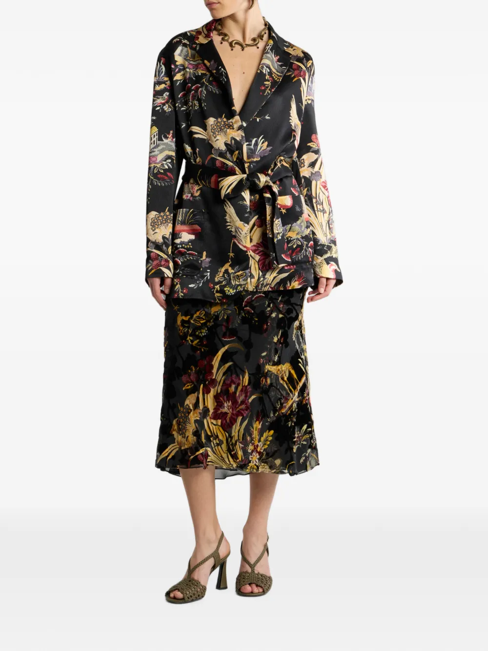ETRO Burnout fluwelen en zijdeblend midi-rok met bloemen- en dierenmotief Zwart