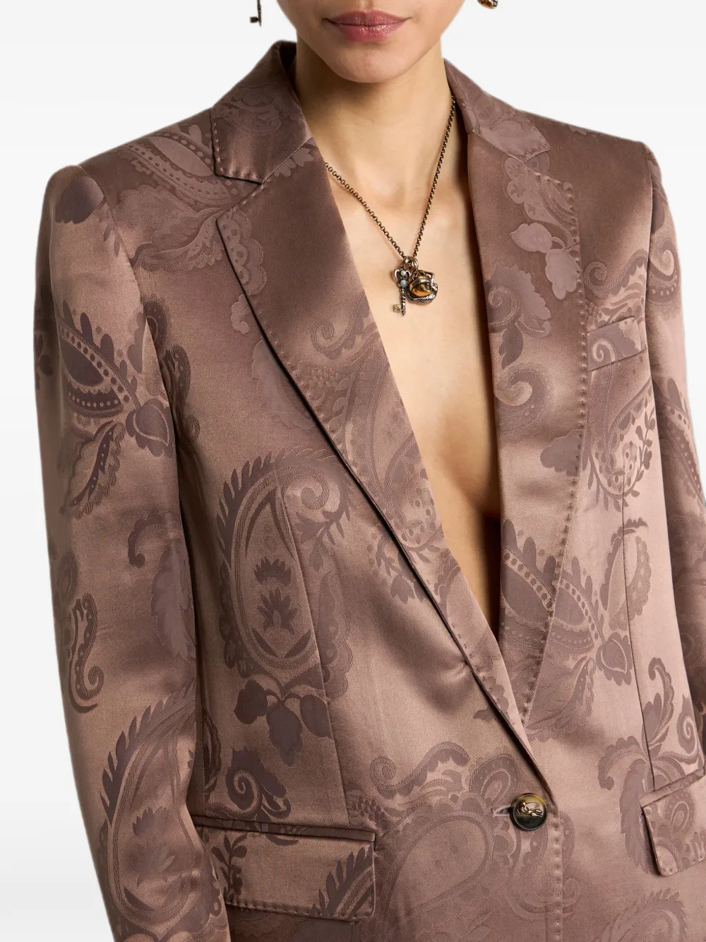 ETRO Blazer van wolblend met enkele rij knopen en paisley jacquard Bruin