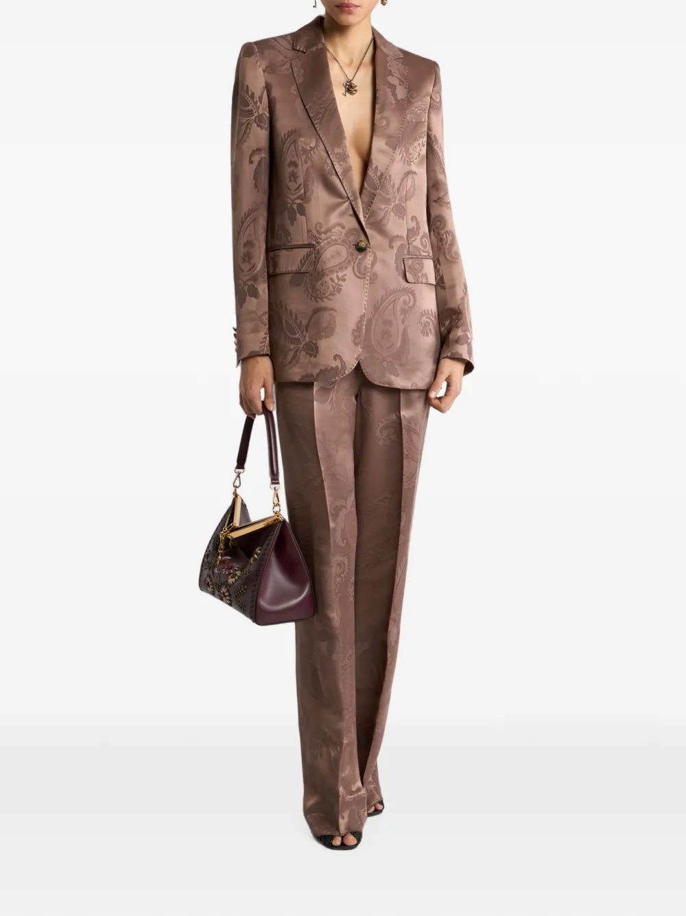ETRO Blazer van wolblend met enkele rij knopen en paisley jacquard Bruin
