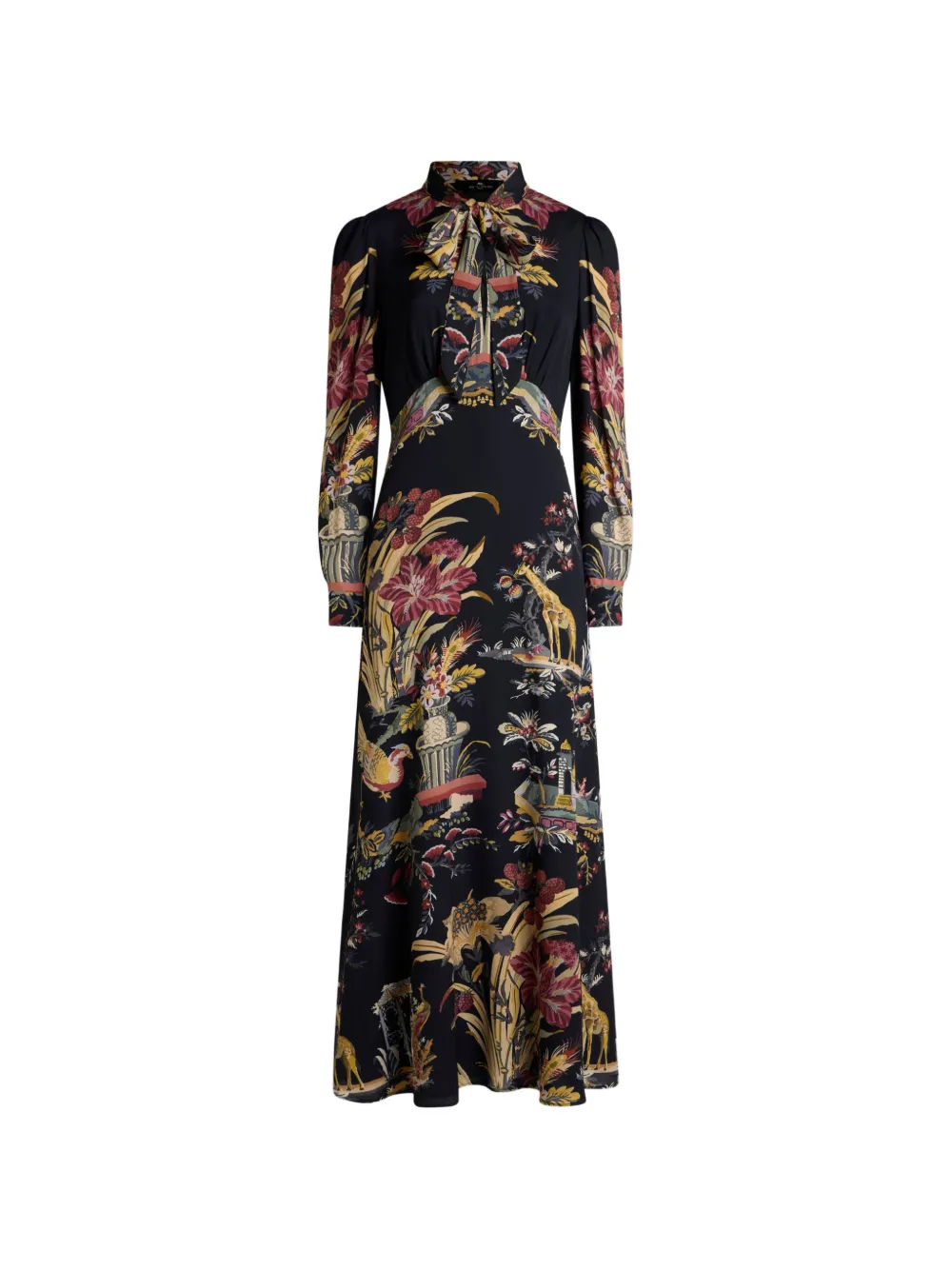 ETRO long dress with silk scarf and placed flower and animal print - Black