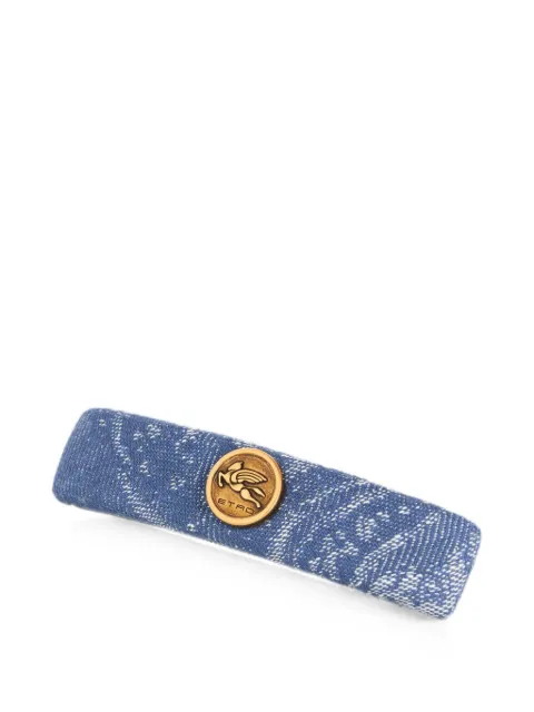 ETRO cotton and linen jacquard denim hair clip with leafy motif