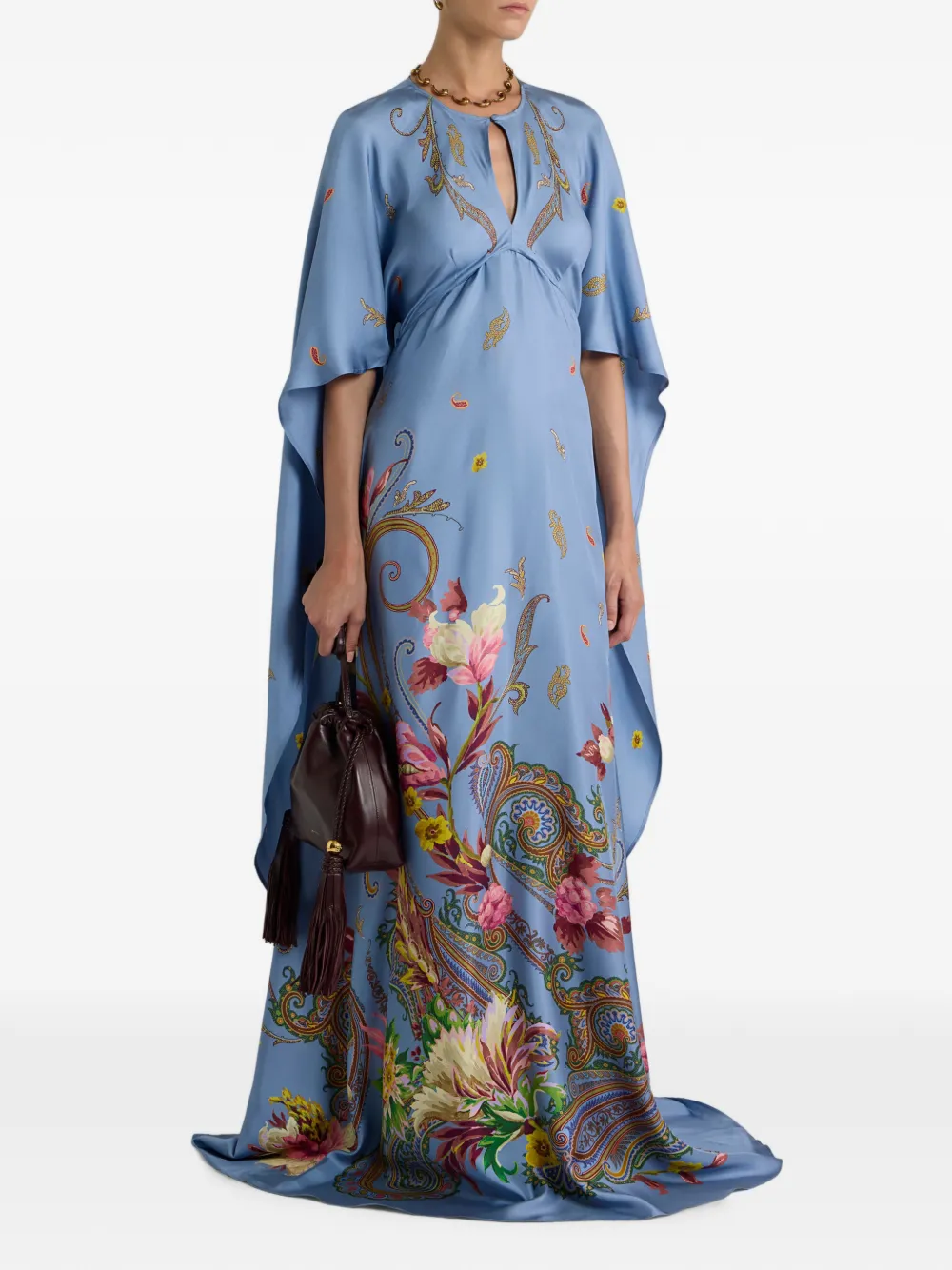 ETRO Zijden maxi-jurk met cape en bloemen paisley-print Blauw