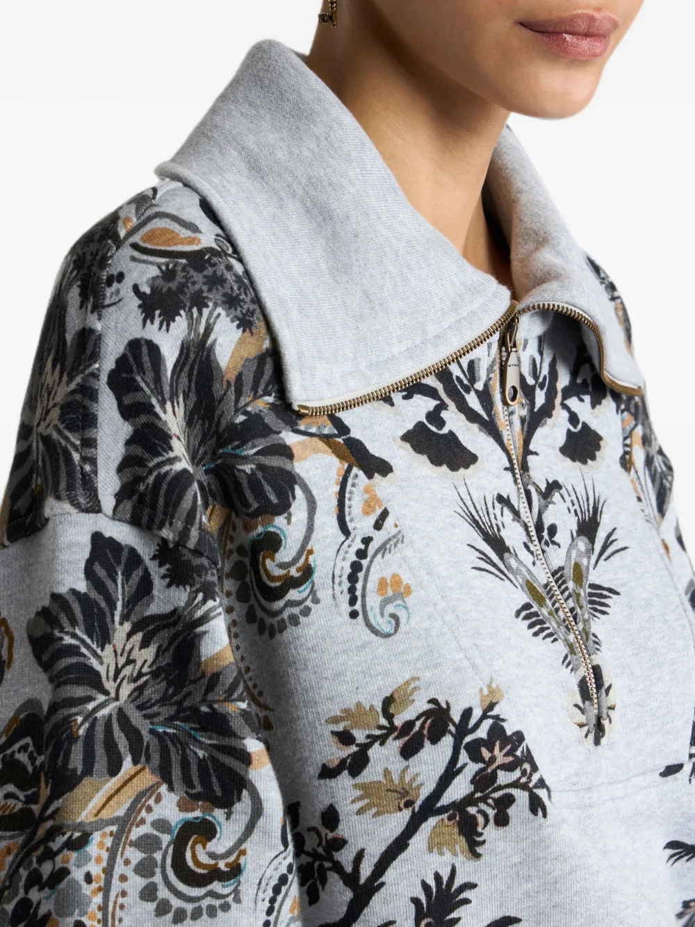 ETRO Katoenen sweater met korte rits en paisley- en bloemen-print Grijs