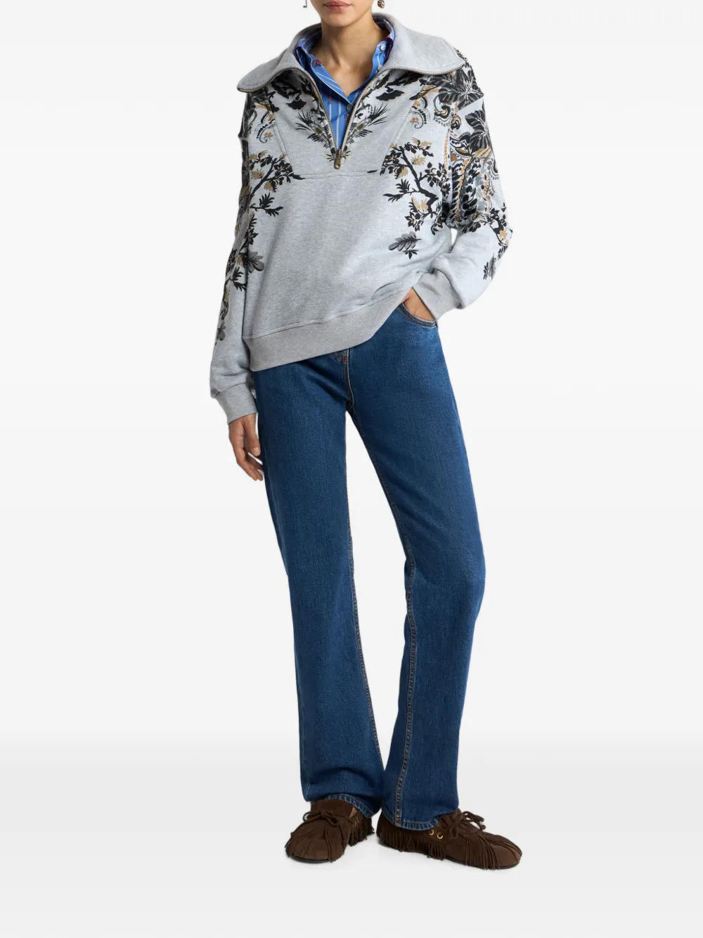 ETRO Katoenen sweater met korte rits en paisley- en bloemen-print Grijs