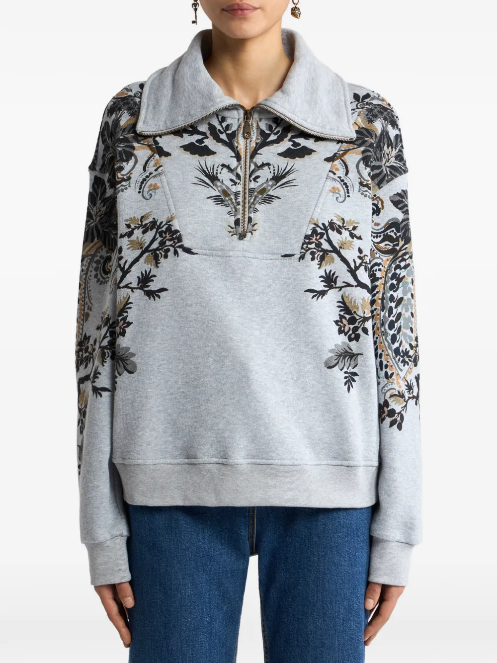 ETRO Katoenen sweater met korte rits en paisley- en bloemen-print Grijs