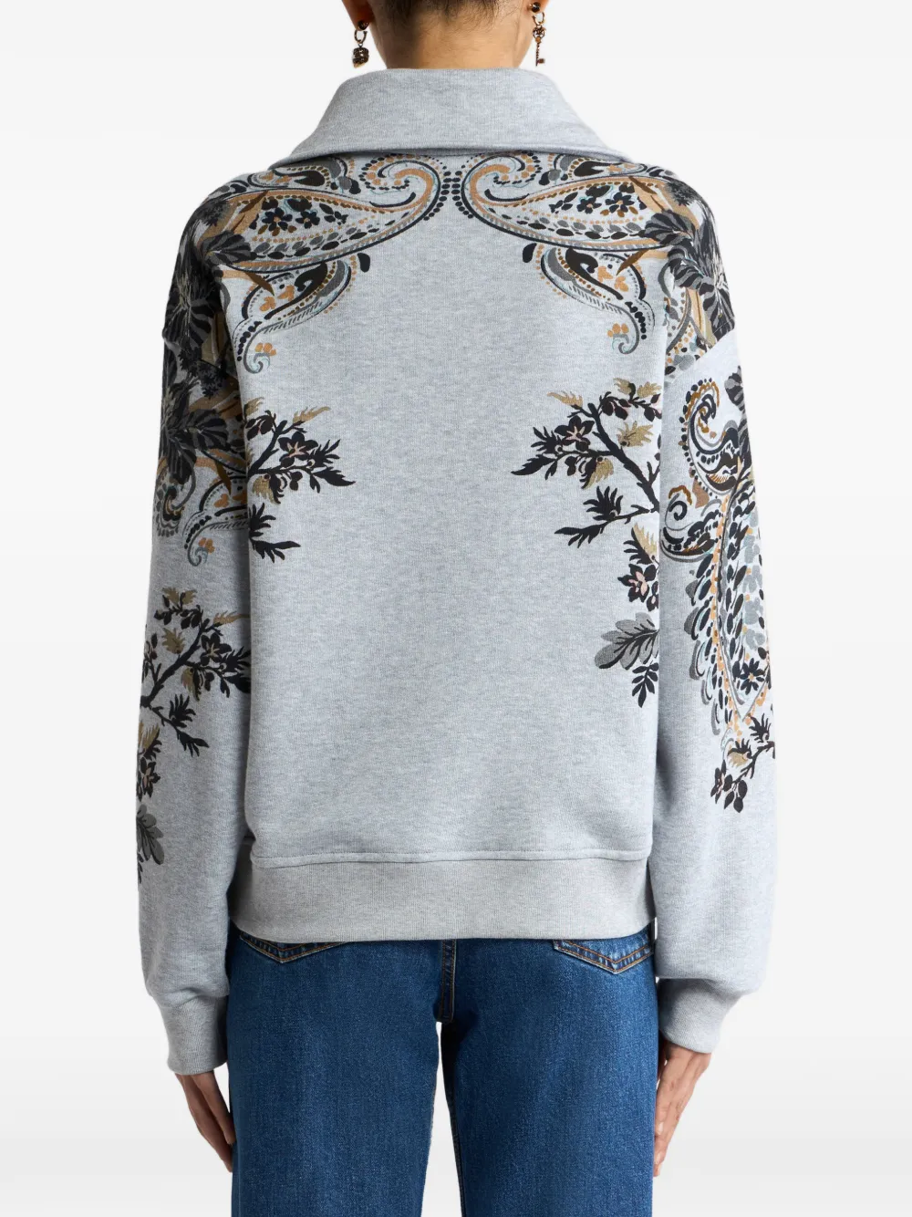 ETRO Katoenen sweater met korte rits en paisley- en bloemen-print Grijs