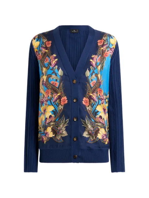 ETRO cardigan in wool and silk with placed Paisley and flower-print