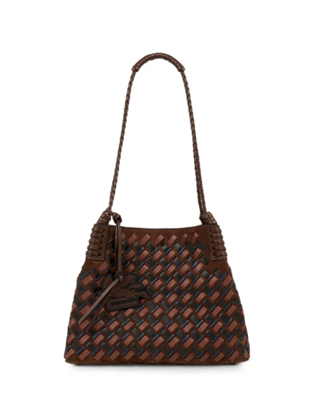 Etro Small Libra Tote Bag In Suede And Woven Leather In Brown