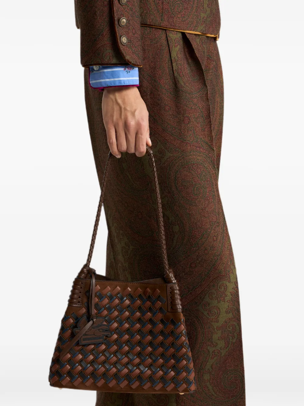 ETRO Kleine Libra shopper van suède en geweven leer Bruin