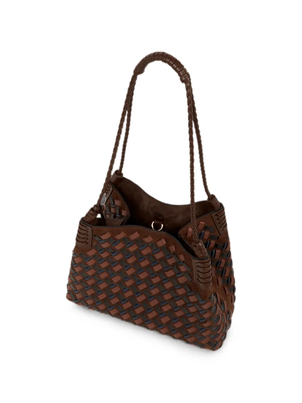 ETRO Kleine Libra shopper van suède en geweven leer Bruin