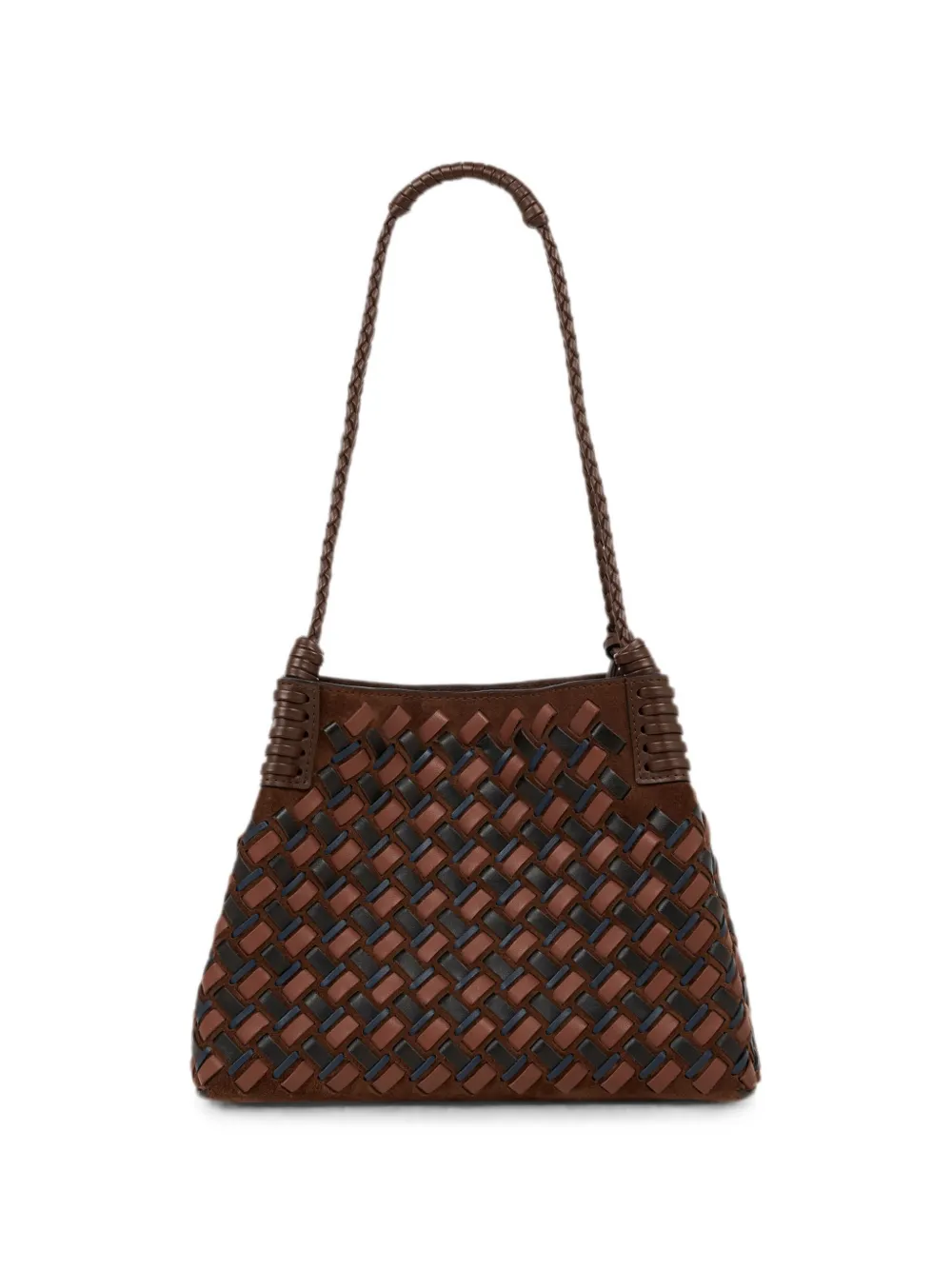 ETRO Kleine Libra shopper van suède en geweven leer Bruin