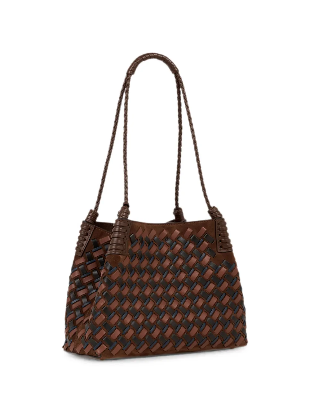 ETRO Kleine Libra shopper van suède en geweven leer Bruin