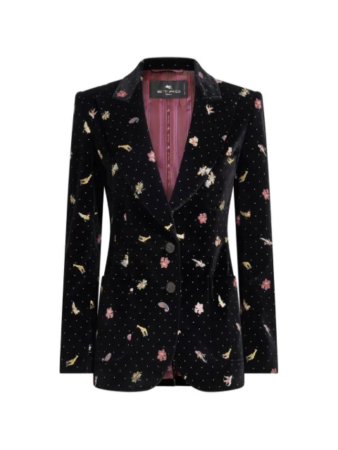 ETRO single-breasted cotton velvet jacket with flower and animal motif
