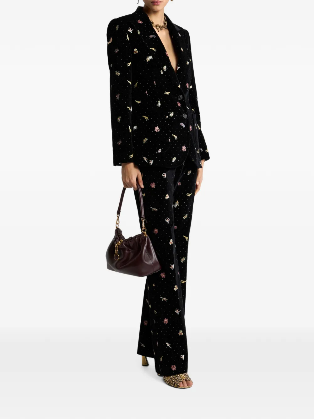 ETRO Fluweel-katoenen blazer met enkele rij knopen en bloemen- en dierenmotief Zwart