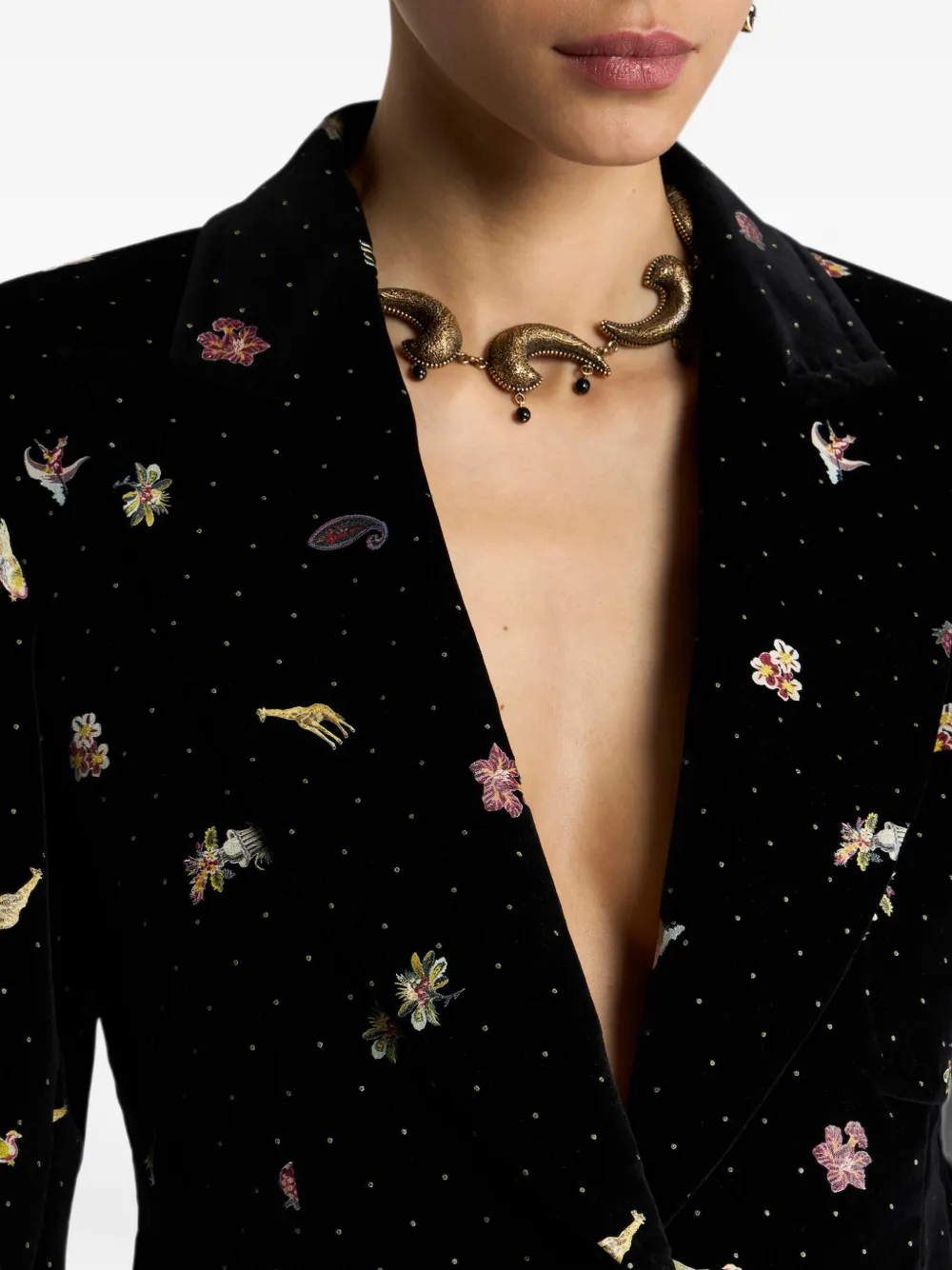 ETRO Fluweel-katoenen blazer met enkele rij knopen en bloemen- en dierenmotief Zwart