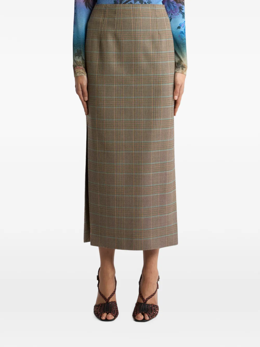ETRO Stretch wollen midi-rok met Prince of Wales motief Beige