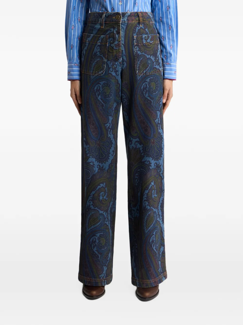 ETRO Jeans met wijde pijpen van stretchkatoenen denim met Paisley-motief Blauw