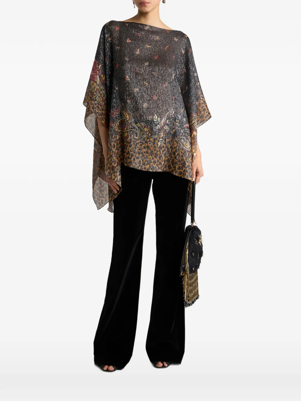 ETRO Zijden poncho top met gestreept dier en bloemig Paisley motief Zwart
