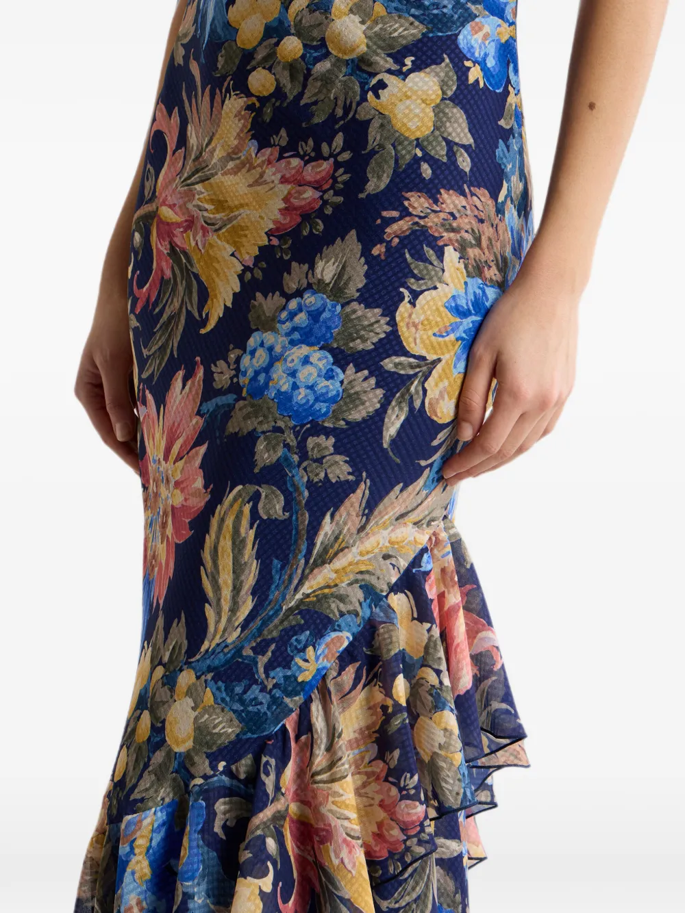 ETRO Lange seersucker jurk met ruches en bloemenmotief Blauw