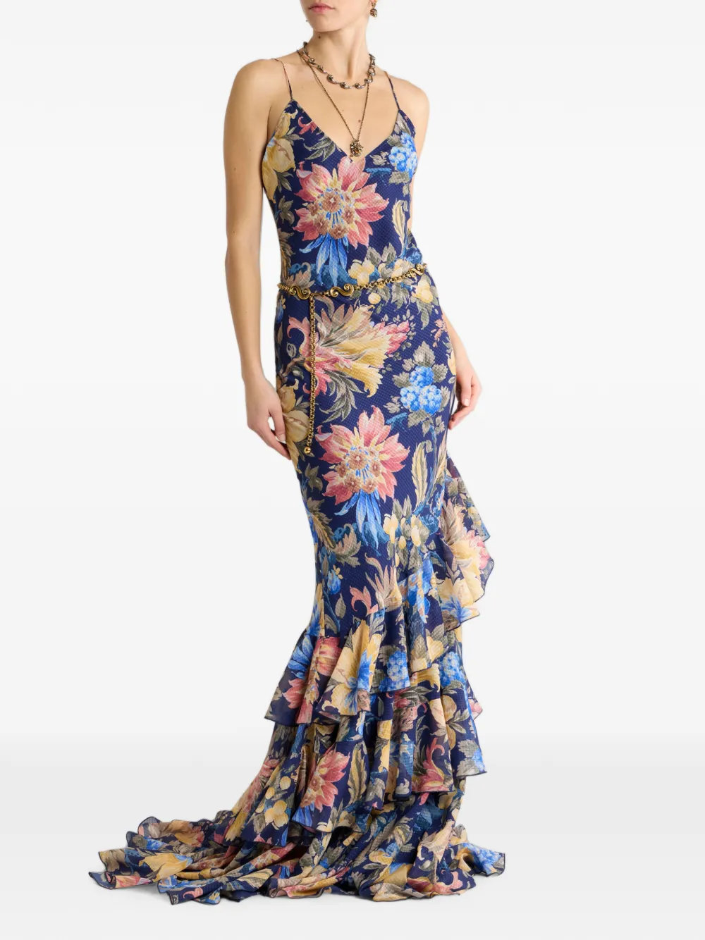 ETRO Lange seersucker jurk met ruches en bloemenmotief Blauw