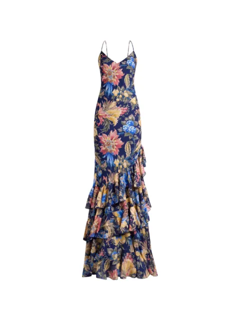 ETRO long seersucker dress with ruffles and floral motif