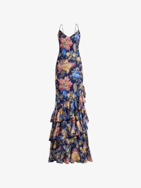 ETRO long seersucker dress with ruffles and floral motif