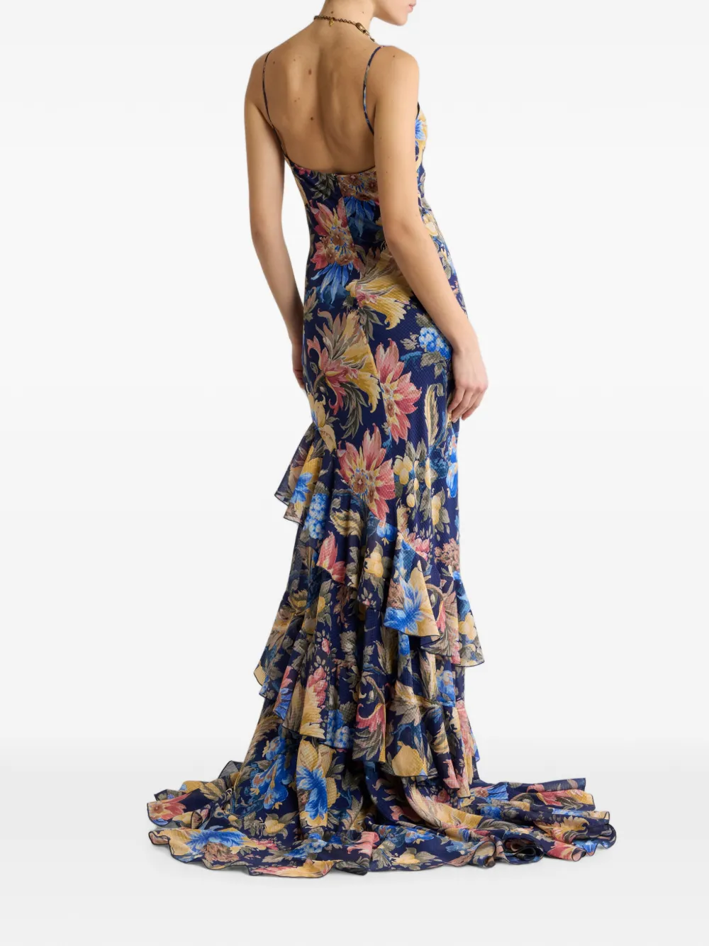 ETRO Lange seersucker jurk met ruches en bloemenmotief Blauw