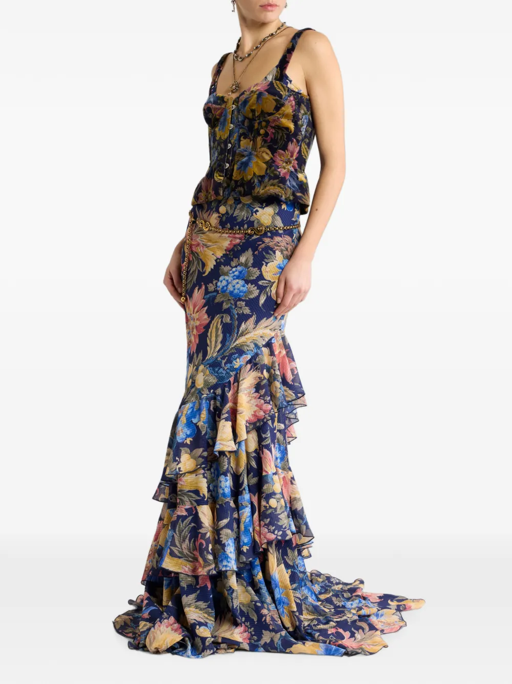 ETRO Lange seersucker jurk met ruches en bloemenmotief Blauw