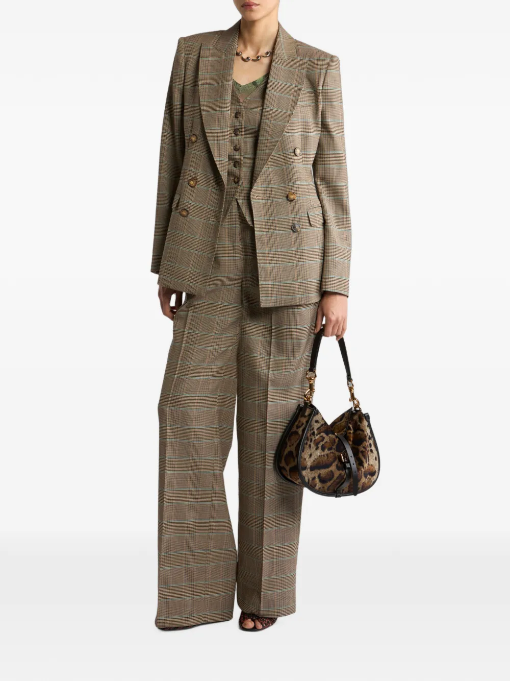 ETRO Stretch wollen gilet met enkele rij knopen en Prince of Wales-motief Beige