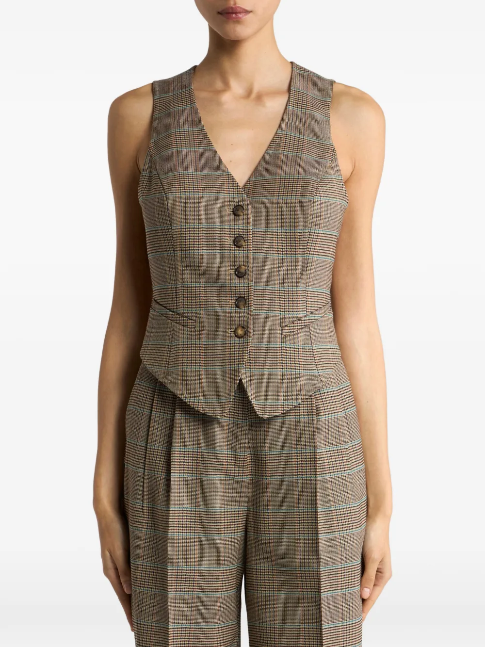 ETRO Stretch wollen gilet met enkele rij knopen en Prince of Wales-motief Beige