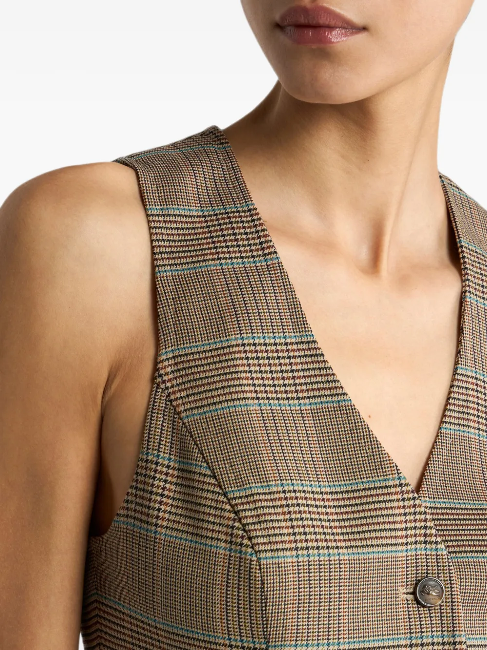 ETRO Stretch wollen gilet met enkele rij knopen en Prince of Wales-motief Beige