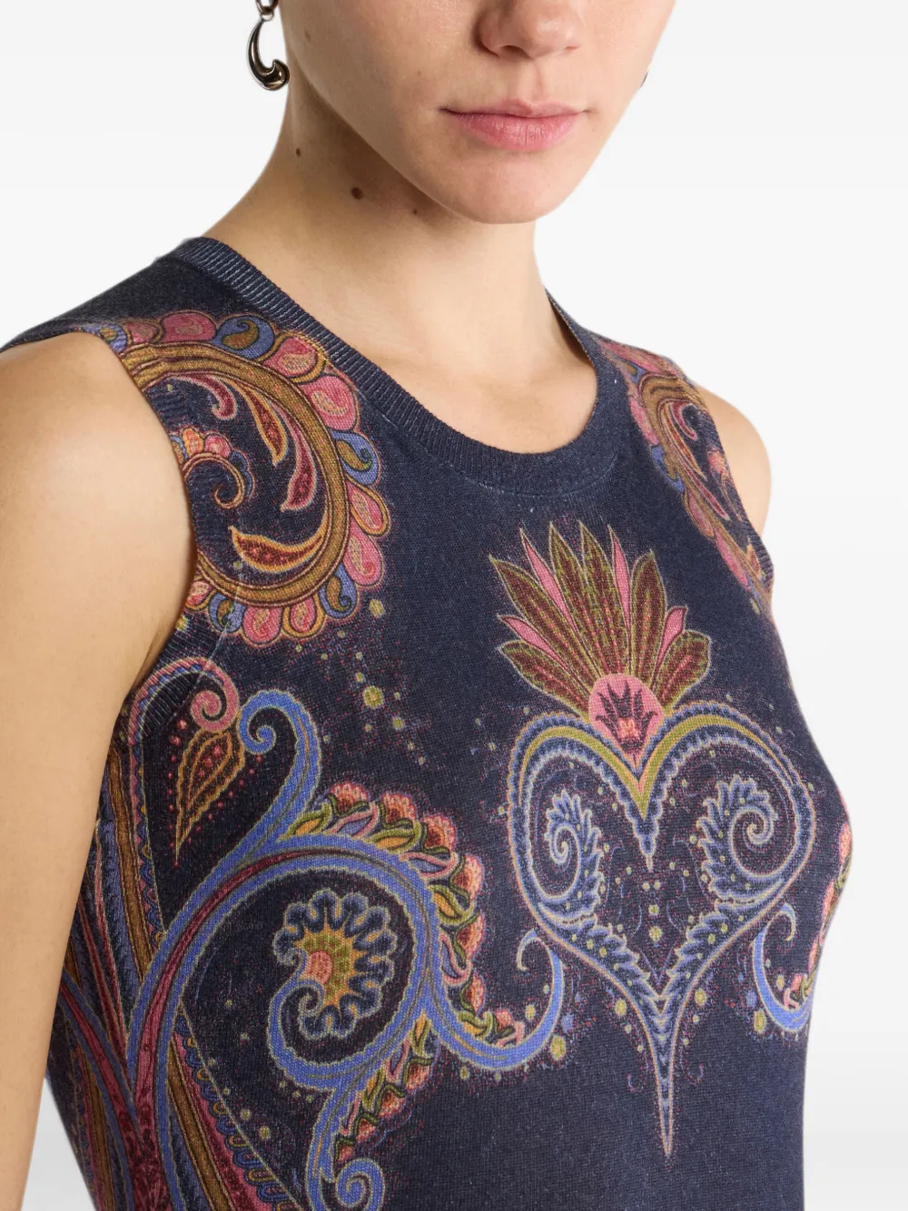 ETRO Mouwloze zijden en kasjmier top met geplaatste Paisley-print Blauw