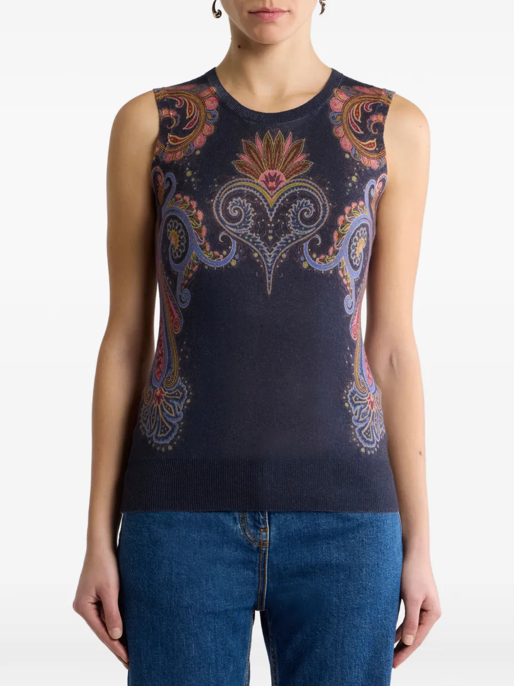 ETRO Mouwloze zijden en kasjmier top met geplaatste Paisley-print Blauw