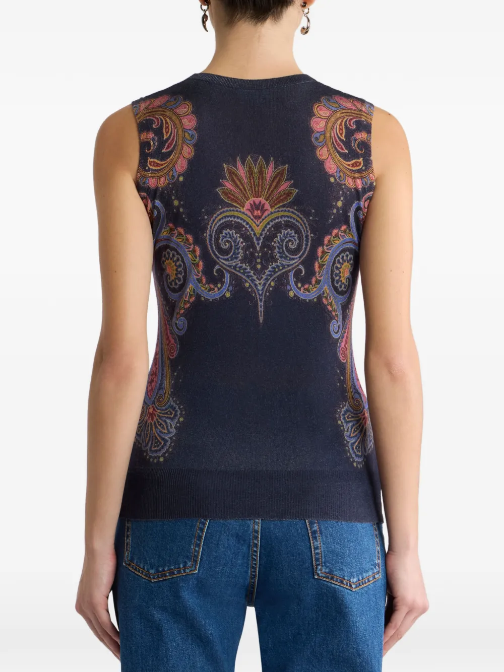 ETRO Mouwloze zijden en kasjmier top met geplaatste Paisley-print Blauw