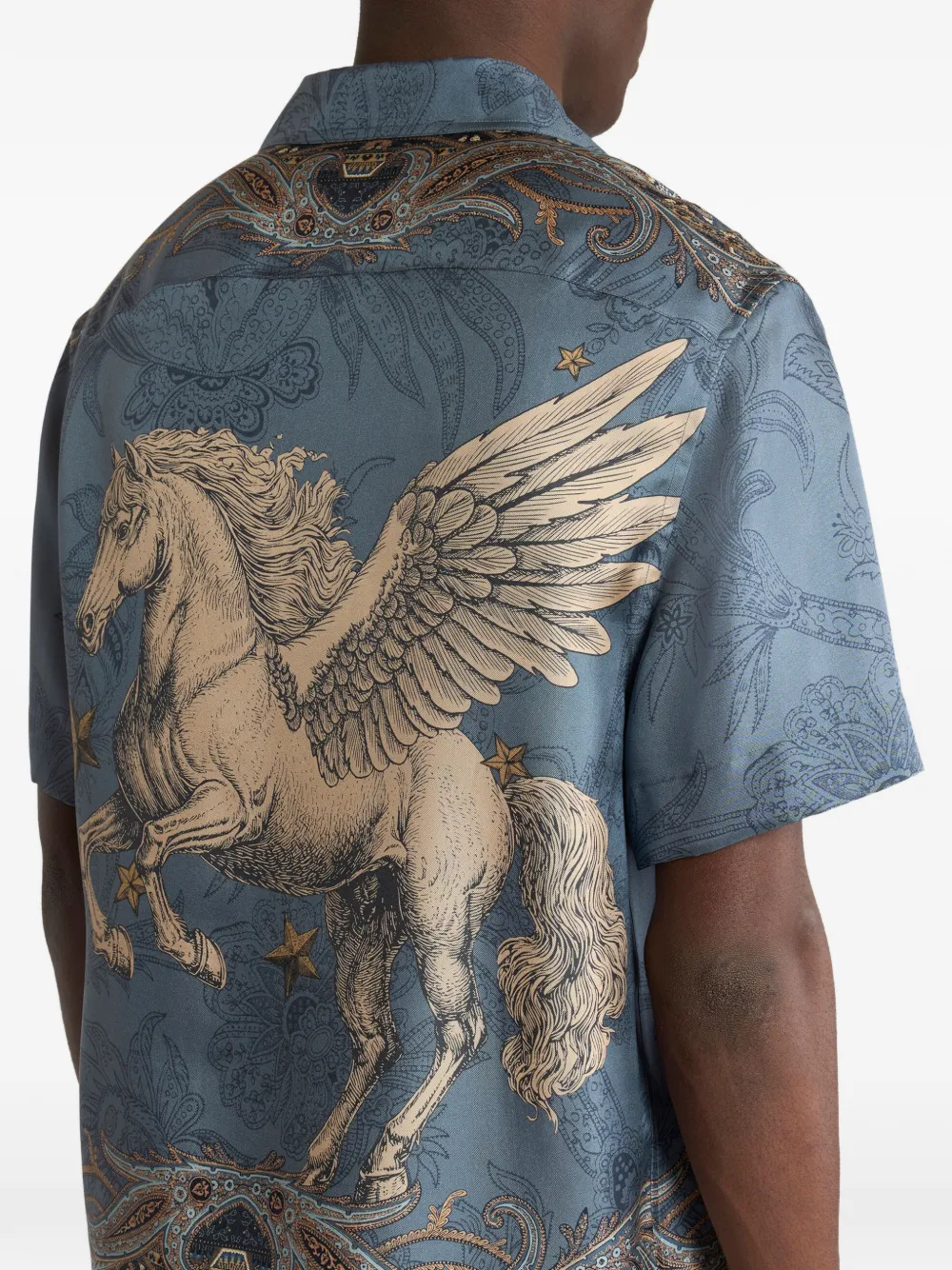 ETRO Zijden bowlingshirt met Pegaso-print Blauw