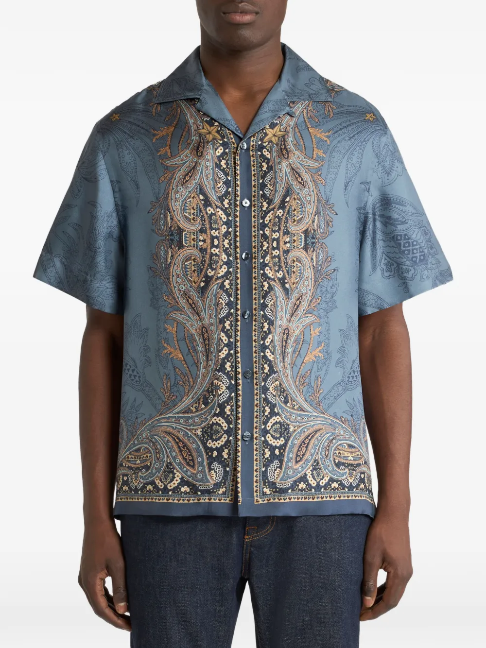 ETRO Zijden bowlingshirt met Pegaso-print Blauw
