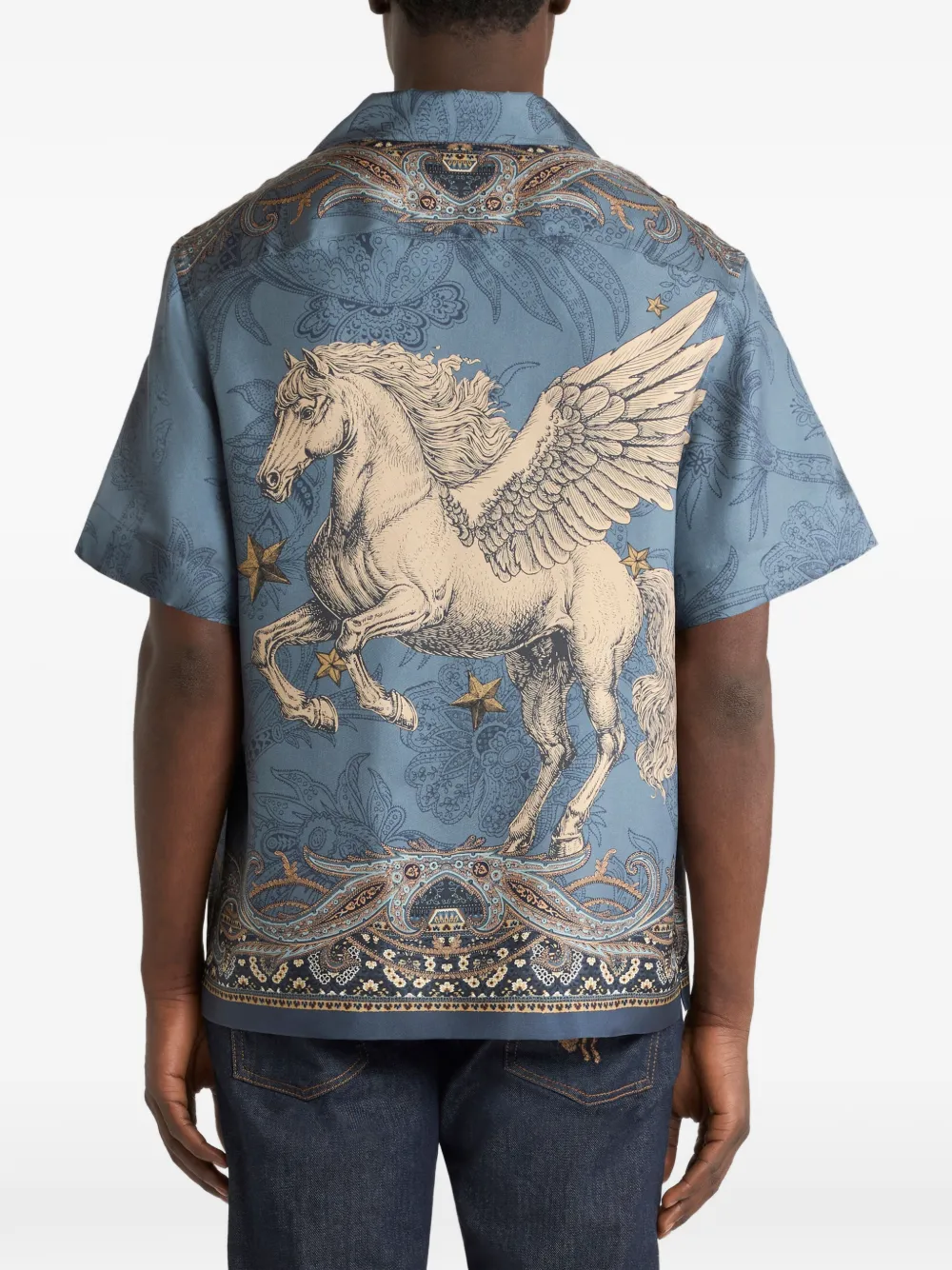 ETRO Zijden bowlingshirt met Pegaso-print Blauw