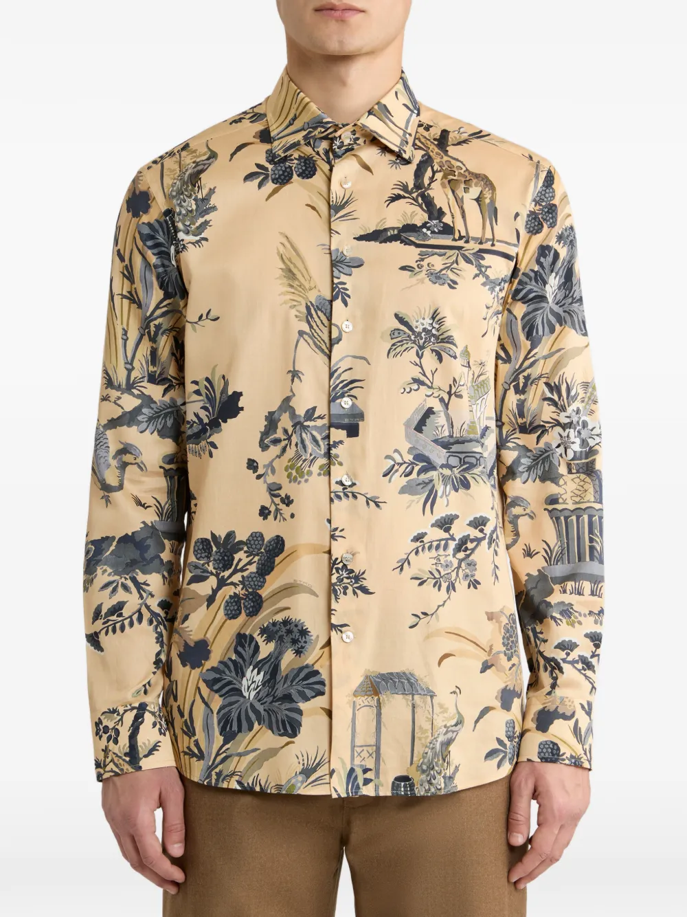 ETRO Overhemd van katoen satijn met bloem en dier-motief Beige