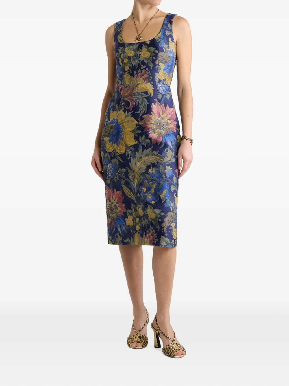 ETRO Katoen-blend jacquard midi-jurk met bloemenmotief Blauw