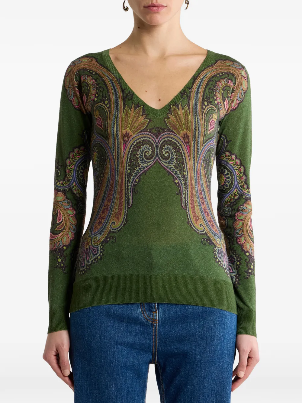 ETRO Zijden en kasjmier trui met V-hals en Paisley-print Groen