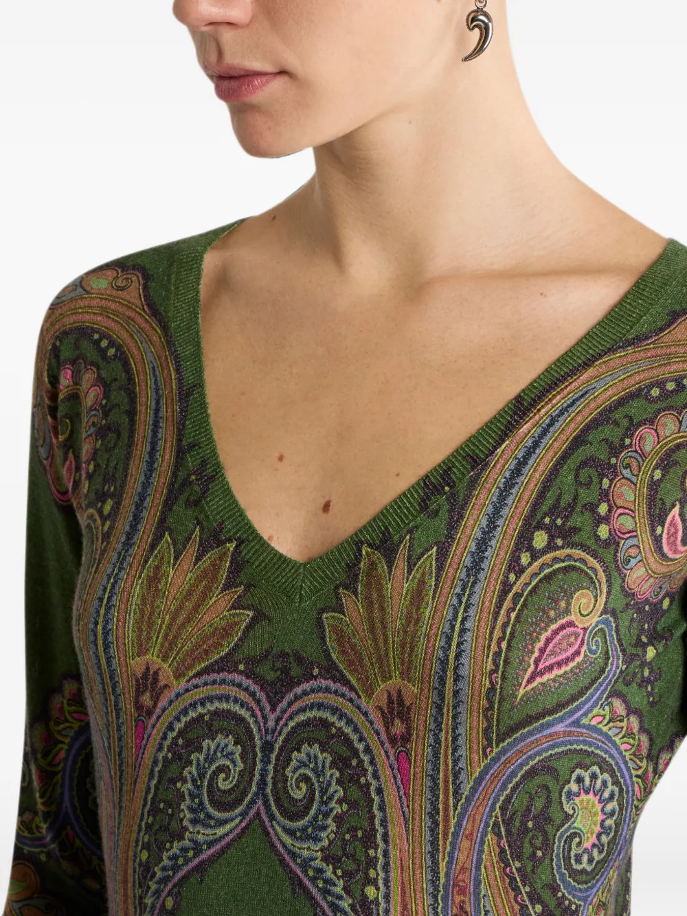 ETRO Zijden en kasjmier trui met V-hals en Paisley-print Groen