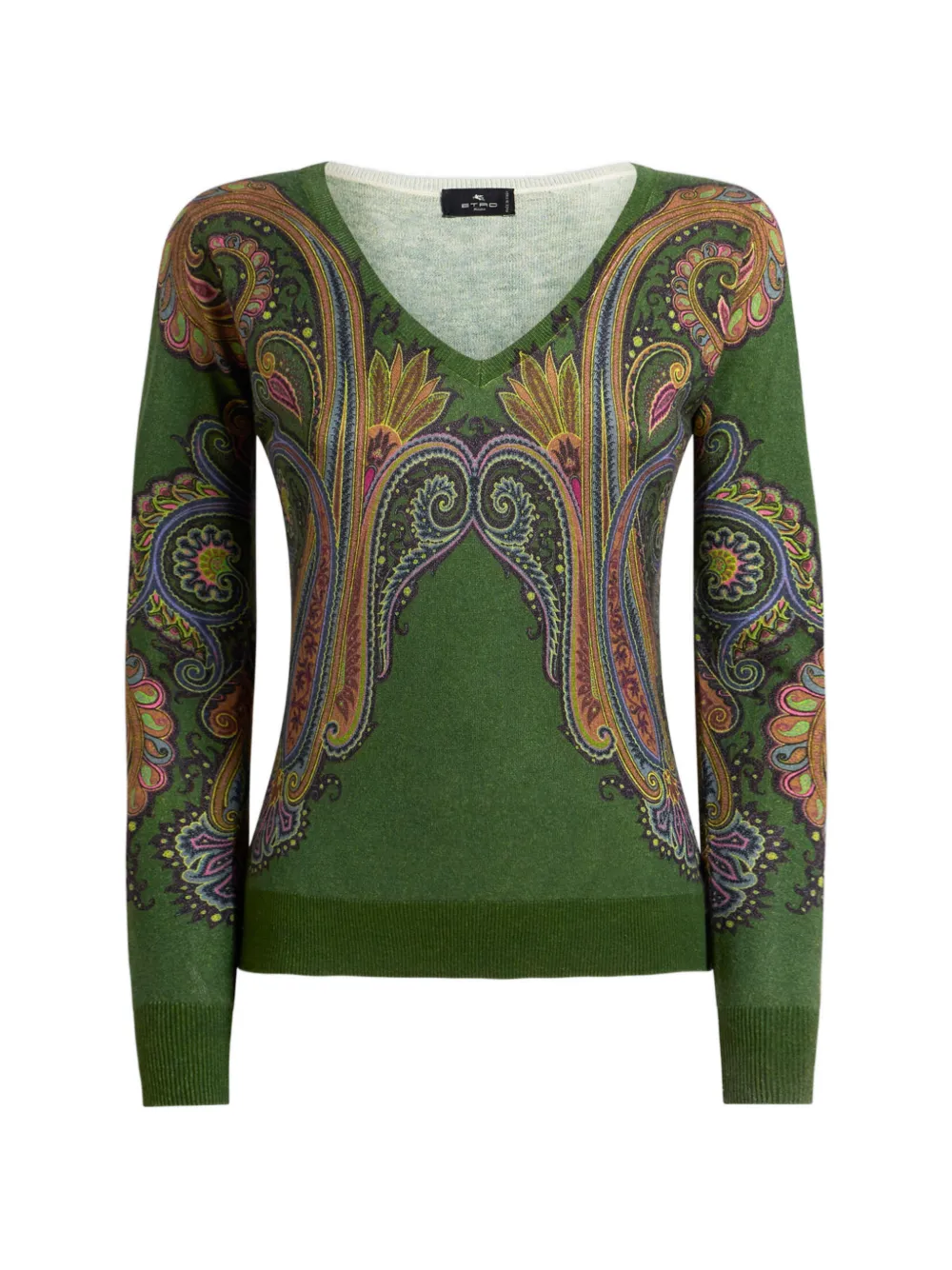 ETRO Maglione in seta e cashmere con scollo a V e stampa paisley - Verde