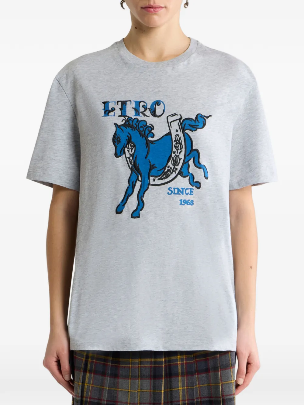 ETRO T-shirt van katoenen jersey met Pegaso-print en logo Grijs