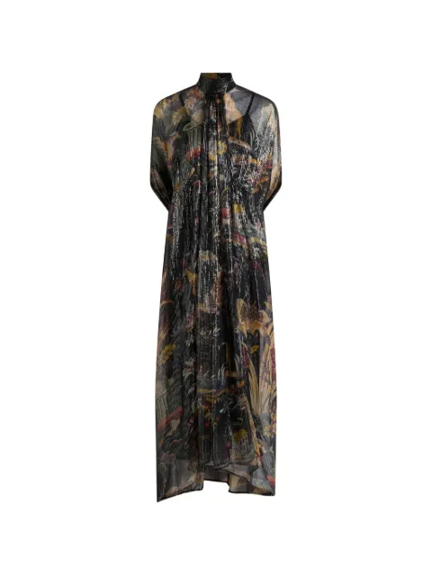 ETRO long silk dress with cape detail and flower and animal motif