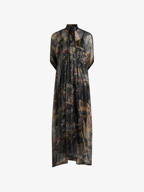 ETRO long silk dress with cape detail and flower and animal motif